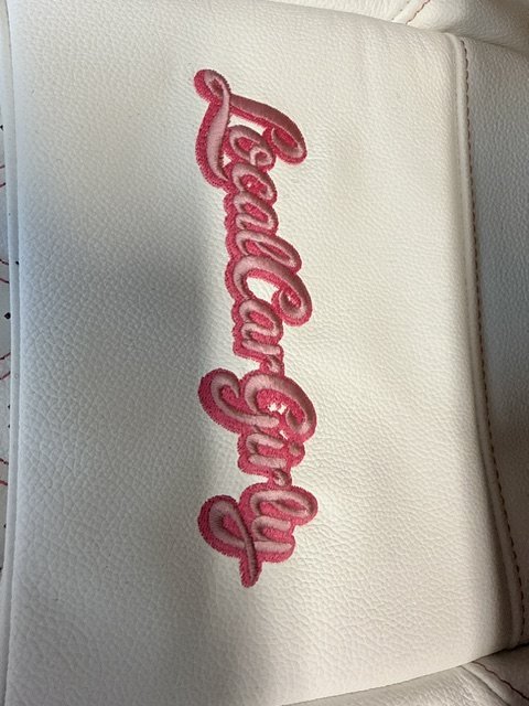Embroidered script name on a seatback