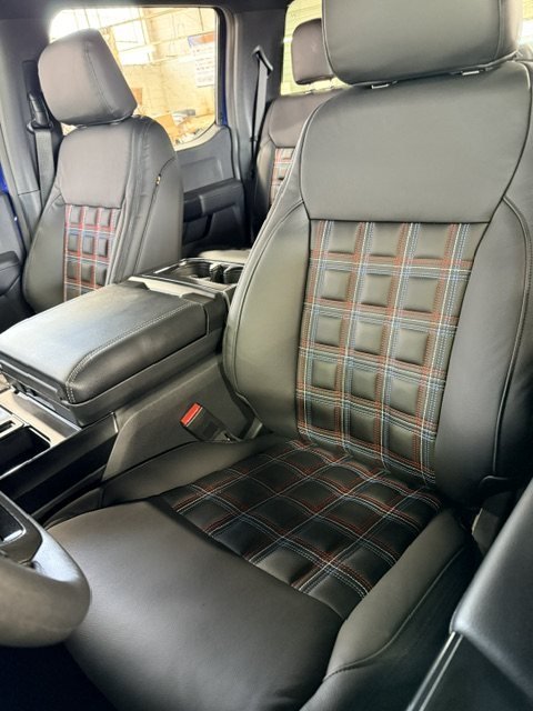 Plaid inserts, contrast stitch